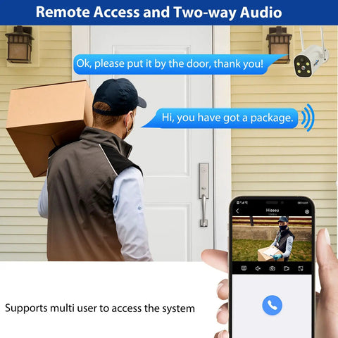 Remote access with solar battery powered wireless security camera displaying delivery through phone app