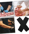 Heavy Duty Cut Resistant Arm Sleeves For Welding And Yard Work Shield Forearms From Gnarly Cuts And Scrapes In Durable Pe Blend, shown with users cutting meat.