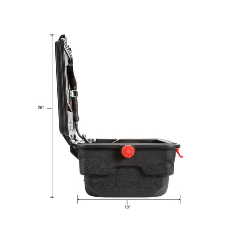 Heavy Duty Portable Parts Washer, 4 Gallons Per Minute Electric Shop Cleaner, side view with lid open and dimensions shown.