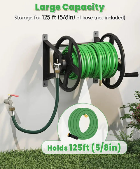 Heavy Duty Wall Mounted Garden Hose Reel With One Hundred Twenty Five Feet Of Five Eighths Inch Capacity Includes Three Point Nine Feet Leader Hose And Brass Connector Hose Holder Winder And Storage Rack For Yard Lawn Farm Black mounted on wall