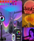 Projection Lamp With App Remote 360 Degree Rotation 16 Color RGB LED Lights Sunset Vibe Mood Lighting For Photography Selfies Parties Bedroom Decor Gift For Women showing colorful ambiance in living room and remote control options.
