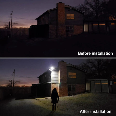 Comparison of house exterior before and after installing 2 Pack Your Go To Solar Motion Sensor Flood Lights 1000 Lumens 168 LEDs