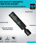 5/8 Inch Swivel Magnetic Spark Plug Socket With 360 Degree Flex Head Heavy Duty Chrome Vanadium Steel Deep Well Design shown with magnetic head and knurled grip.