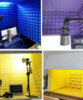 Portable Soundproof Booth Featuring Heavy Duty Foldable Acoustic Foam Panels For Desktop Microphones with blue and yellow designs.