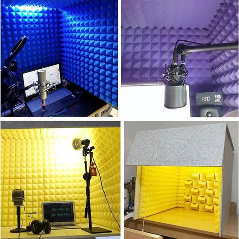 Portable Soundproof Booth Featuring Heavy Duty Foldable Acoustic Foam Panels For Desktop Microphones with blue and yellow designs.