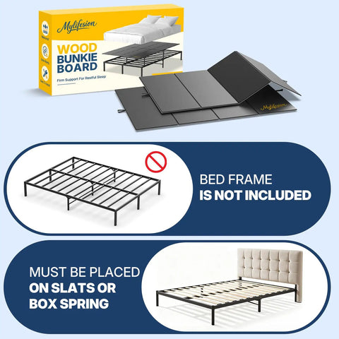Built Different Queen Size Bunkie Board Rock Solid Eight Millimeter Wooden Mattress Foundation on slats and box spring.