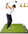 Man practicing on 6x4ft Golf Hitting Mat With Built In Ball Tray, 26mm Thick Indoor Outdoor Practice Mat With Alignment Guides