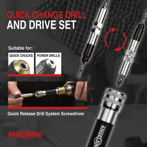 Pro Grade Premium Countersink Drill Bit Set With Flip Drive For Wood 6 8 10 Sizes, Complete 4 Pack displayed with power drill.