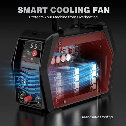 Side view of iControl CUT55 Pro Plasma Cutter With App Control showcasing smart cooling fan and internal components.