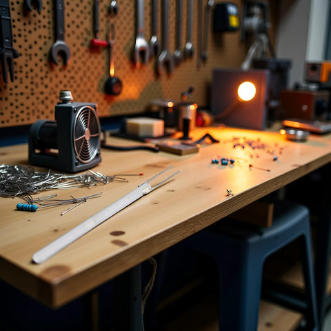 Adjustable-temperature electric soldering iron heater on a cluttered workshop bench with tools, wires, and a small cooling fan