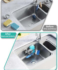 Before and after view showing M Shaped Stainless Steel Kitchen Sink Caddy With Dual Mount Options And Rustproof Build holding sponges and brushes.