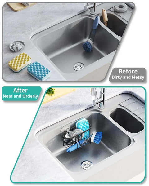 Before and after view showing M Shaped Stainless Steel Kitchen Sink Caddy With Dual Mount Options And Rustproof Build holding sponges and brushes.
