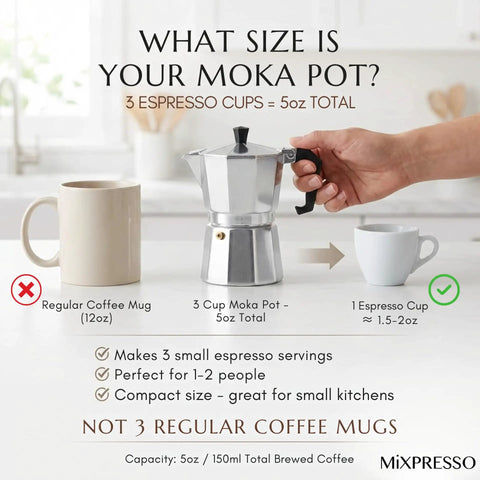 3 Cup Aluminum Moka Pot Stovetop Espresso Maker for Gas and Electric Stoves with two cups next to it, showing size comparison.