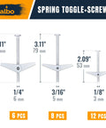 50 Piece Drywall Anchors And Screws Kit With Spring Toggle Bolts in three sizes: 1/4, 3/16, and 1/8 inch