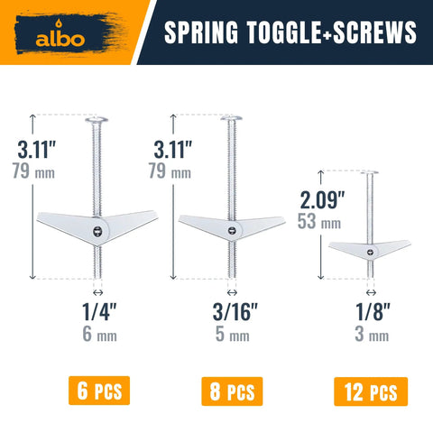 50 Piece Drywall Anchors And Screws Kit With Spring Toggle Bolts in three sizes: 1/4, 3/16, and 1/8 inch