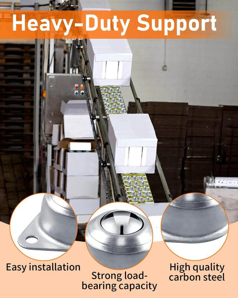 Conveyor with boxes featuring 40 Pack 1-Inch Ball Caster Rollers with 360-Degree Rotation for Furniture, Truck Bed, Workshop.