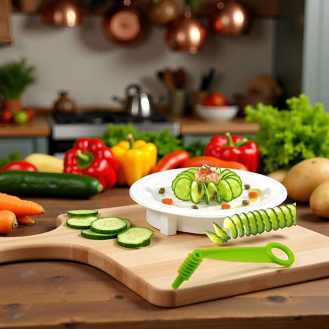 Green spiral slicer with white base on wooden cutting board, cucumber rounds and spiral slices.