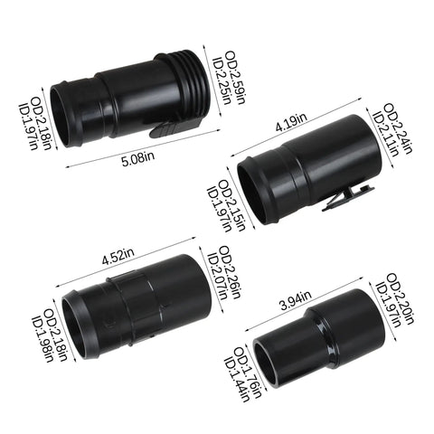 Various black fittings for Hose Kit For 1-7/8 Inch Vacuums With Universal 2-1/2 Inch Adapters, labeled with dimensions in inches.