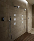 Dual Shift Multifunction Square Handshower With Black Handle 2.0 GPM Polished Chrome Finish installed in modern bathroom