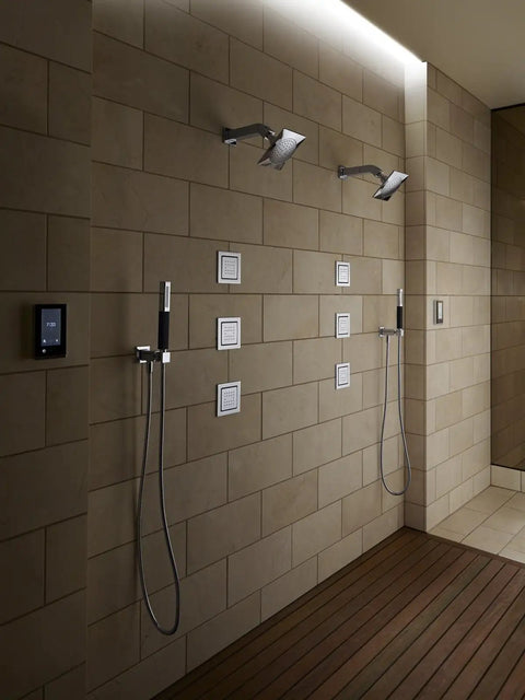 Dual Shift Multifunction Square Handshower With Black Handle 2.0 GPM Polished Chrome Finish installed in modern bathroom
