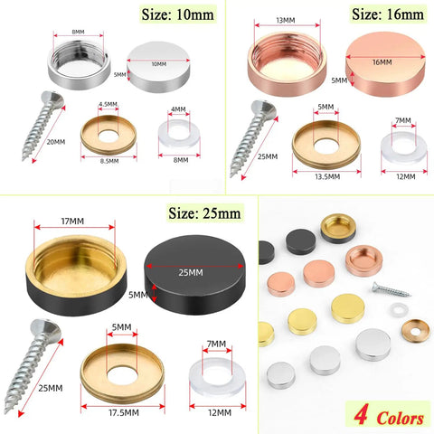 Real Deal Mirror Finish Screw Caps For 24 Sets 10 Mm Decorative Stainless Steel Furniture Nails With Grip Tough Rubber Liners For Heavy Duty Tables And Closet Hardware Projects In Classic Silver image showing various sizes and colors of screw caps.