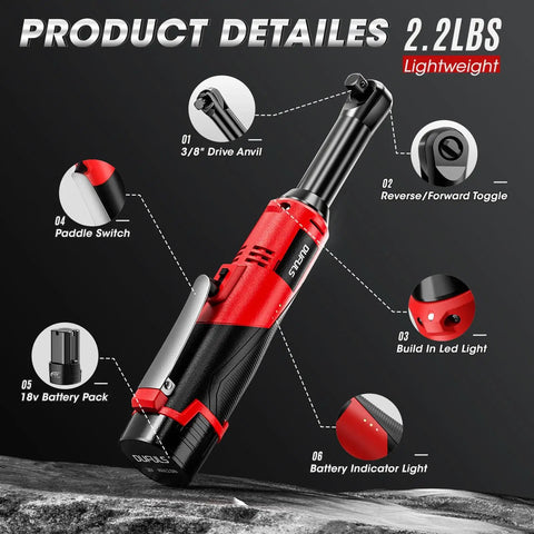 Extended 18V Cordless Ratchet Wrench With 4 Inch Neck 550 RPM 40 Ft Lbs Torque visible with labels and features shown