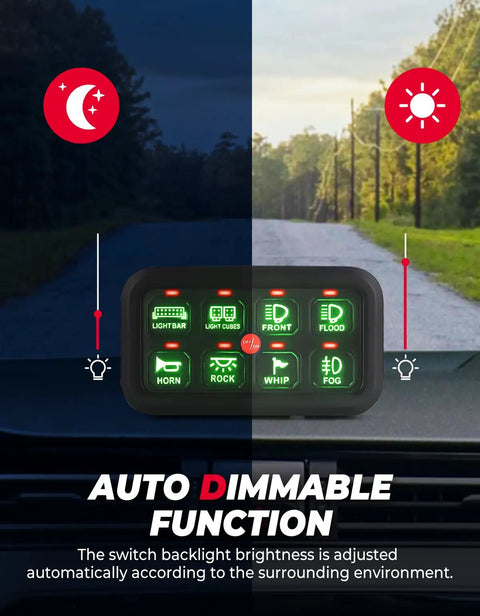 8 Gang Switch Panel With Enhanced Sensitivity, LED Touch Control, Auto Dimmable Function shown on dashboard.