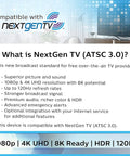 Text highlights NextGen TV ATSC 3.0 features like 1080p, 4K UHD, 8K ready, HDR, and 120Hz, enhancing TV broadcast standards.