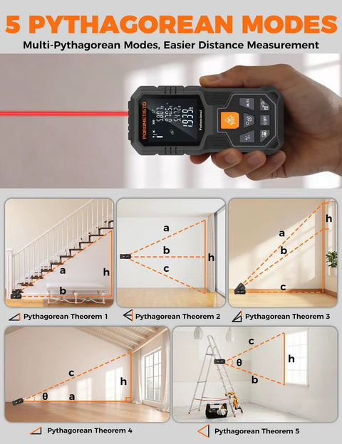 Pro Grade Laser Measuring Tool With 262 Ft Range And 2mm Accuracy, 1mm Resolution, Tripod Mount, Angle Sensor For Fast Home Inspections, Renovations, And DIY Projects, handheld laser meter showing 5 Pythagorean modes