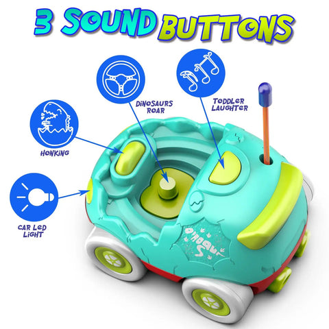 Dinosaur Edition Remote Control Cars For Toddlers 2 Pack With LED Lights And Music showing sound buttons and features.