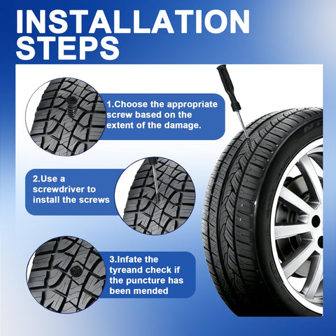 Installation steps for 60 Piece Tire Repair Kit With Spiral Screw In Plugs And Included Screwdriver For Car Truck Motorcycle SUV Tubeless Puncture Emergency DIY Fix On The Go