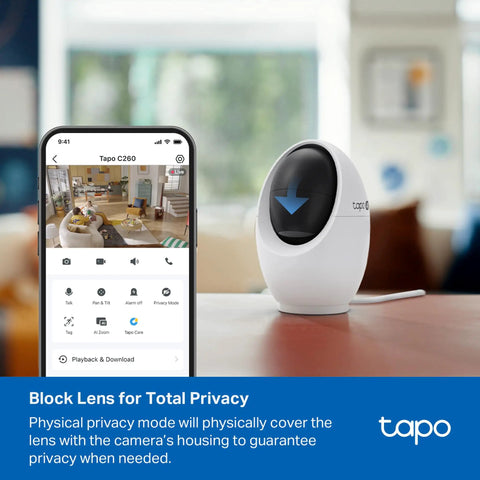 4K Indoor Pan Tilt Security Cam With 360 Degree Coverage AI Motion Tracking Person And Pet Detection Facial Recognition Works As Baby Monitor No Monthly Fees Local Storage Or Optional Cloud Wired Home Surveillance next to smartphone app interface