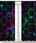 Lit Neon Curtains With 3D Neon Lights Pattern And Honeycomb Design For Kids And Teens Rooms Modern Living Room Window Drapes Rod Pocket No Blackout 42x44.5 Inches Two Panel Set