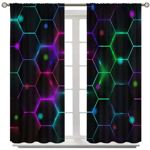 Lit Neon Curtains With 3D Neon Lights Pattern And Honeycomb Design For Kids And Teens Rooms Modern Living Room Window Drapes Rod Pocket No Blackout 42x44.5 Inches Two Panel Set