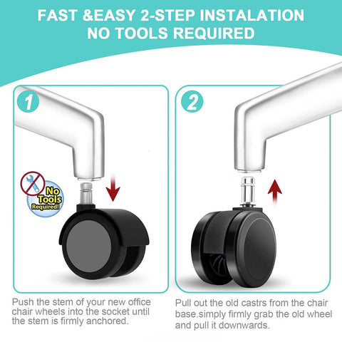 Replacement office chair wheels, 5-set, black casters with metal stems for hardwood floors; 2-step tool-free install.