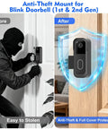 No Drill Video Doorbell Mount for Blink Gen1 and Gen2 with anti-theft design and rain cover, installed view before and after