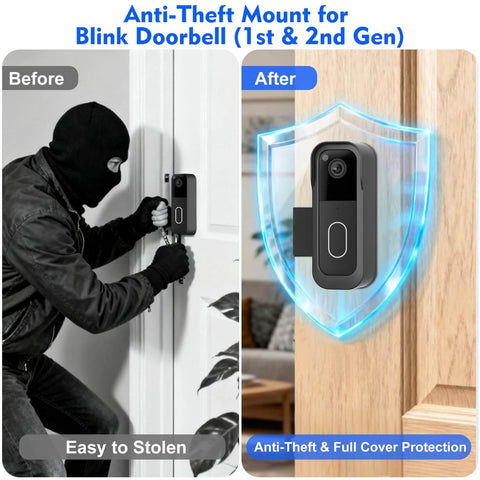 No Drill Video Doorbell Mount for Blink Gen1 and Gen2 with anti-theft design and rain cover, installed view before and after