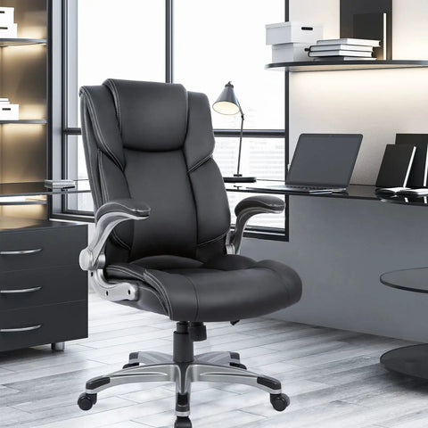 Comfy High Back Executive Office Chair With Inflatable Lumbar Support in black leather in modern office setting