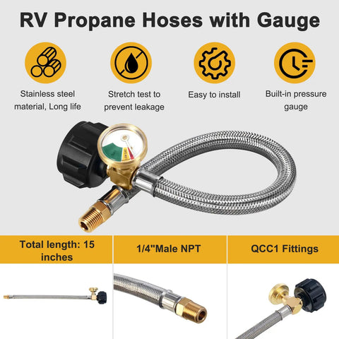 Stainless Steel Braided RV Propane Hoses With Gauge 15 Inch Length Pack Of 2 For Camper Tanks To Standard Two Stage Regulator