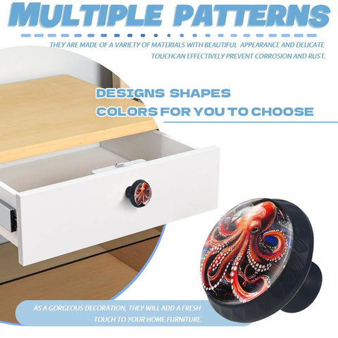 Seriously Stunning Crystal Cabinet Knobs With A Bold Red Octopus Artwork and Retro Mushroom Vibes For Any Kitchen Or Dresser Including Secure Mounting Screws Inside A Top Shelf Two Pack Setup That Truly Slays, displayed on a white drawer.