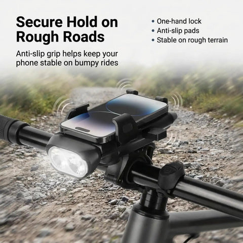 4 In 1 All In One Bike Phone Mount With LED Headlight And 130dB Horn, 3000mAh USB Backup Charger And Secure Handlebar Phone Holder For Road, Mountain And E Bikes, Night Ride Safety And Easy Install