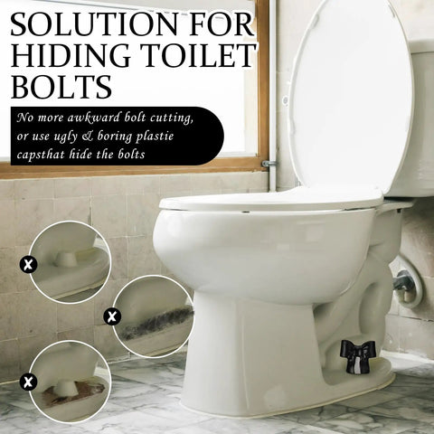 Black Coquette Bow Toilet Bolt Covers Set Of Two - Durable Ceramic Screw Nut Caps For Bathrooms on a white toilet.