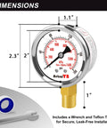Front view of AetralYB 0–200 psi liquid-filled stainless steel pressure gauge with 1/4-inch NPT lower mount