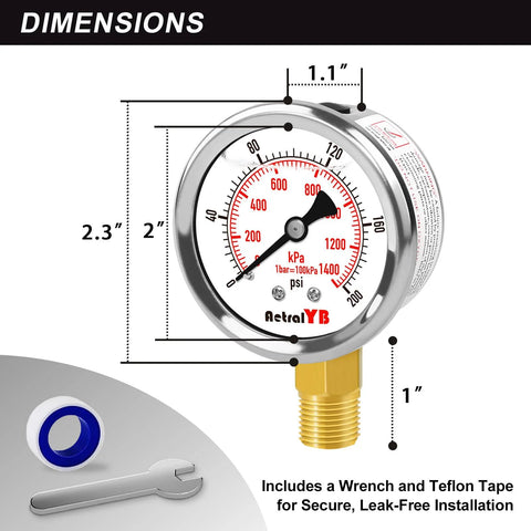 Front view of AetralYB 0–200 psi liquid-filled stainless steel pressure gauge with 1/4-inch NPT lower mount