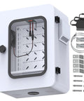 Heavy Duty Outdoor Electrical Box With Clear Window Thermostat And Fan For Precise 0.1F Temperature Control Weatherproof IP65 Galvanized Steel Housing And Aluminum Rear Beam Built To Stand Up In Harsh Environments 17.7 X 13.8 X 7.9 Inches front view