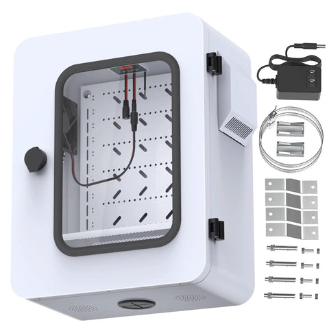 Heavy Duty Outdoor Electrical Box With Clear Window Thermostat And Fan For Precise 0.1F Temperature Control Weatherproof IP65 Galvanized Steel Housing And Aluminum Rear Beam Built To Stand Up In Harsh Environments 17.7 X 13.8 X 7.9 Inches front view
