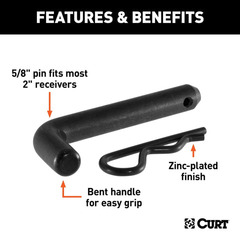 Image showing Black Trailer Hitch Pin And Clip With Five Eighths Inch Diameter Fits Two Inch Receiver For Ball Mounts And Trailer Accessories Easy Grip With A 105 Degree Bend For Class 3 4 And 5 Hitches, highlighting features such as zinc-plated finish and bent handle for grip.