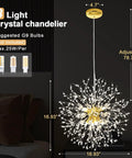 Gold Modern 8 Light Crystal Sputnik Dandelion Chandelier Pendant Lighting in bedroom with adjustable cord and crystal shine.