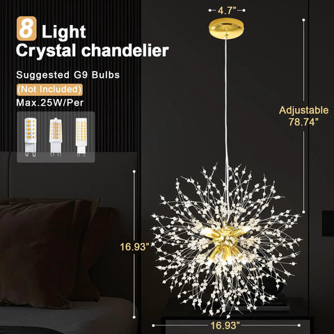 Gold Modern 8 Light Crystal Sputnik Dandelion Chandelier Pendant Lighting in bedroom with adjustable cord and crystal shine.