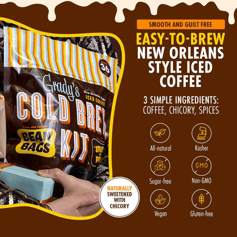 Person holding New Orleans Style Cold Brew Kit with Chicory Pouches and 100 Percent Arabica Ground Coffee